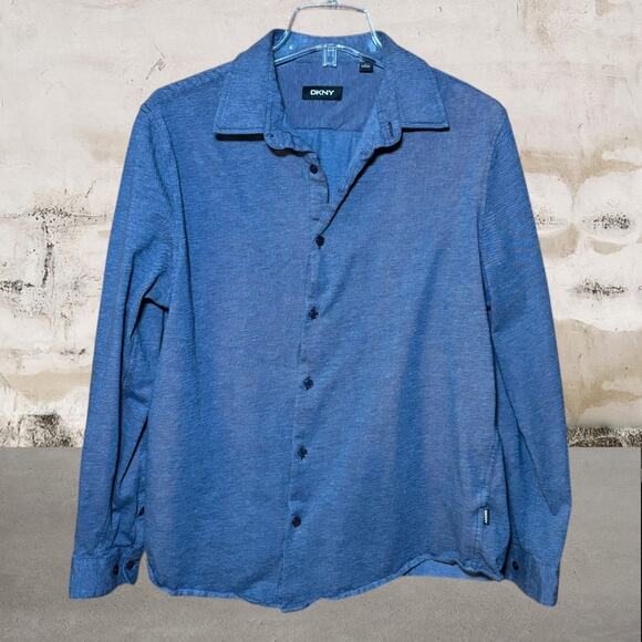 DKNY Men's Long Sleeve Collared Button Down Shirt in Blue - Size Large - Picture 1 of 4